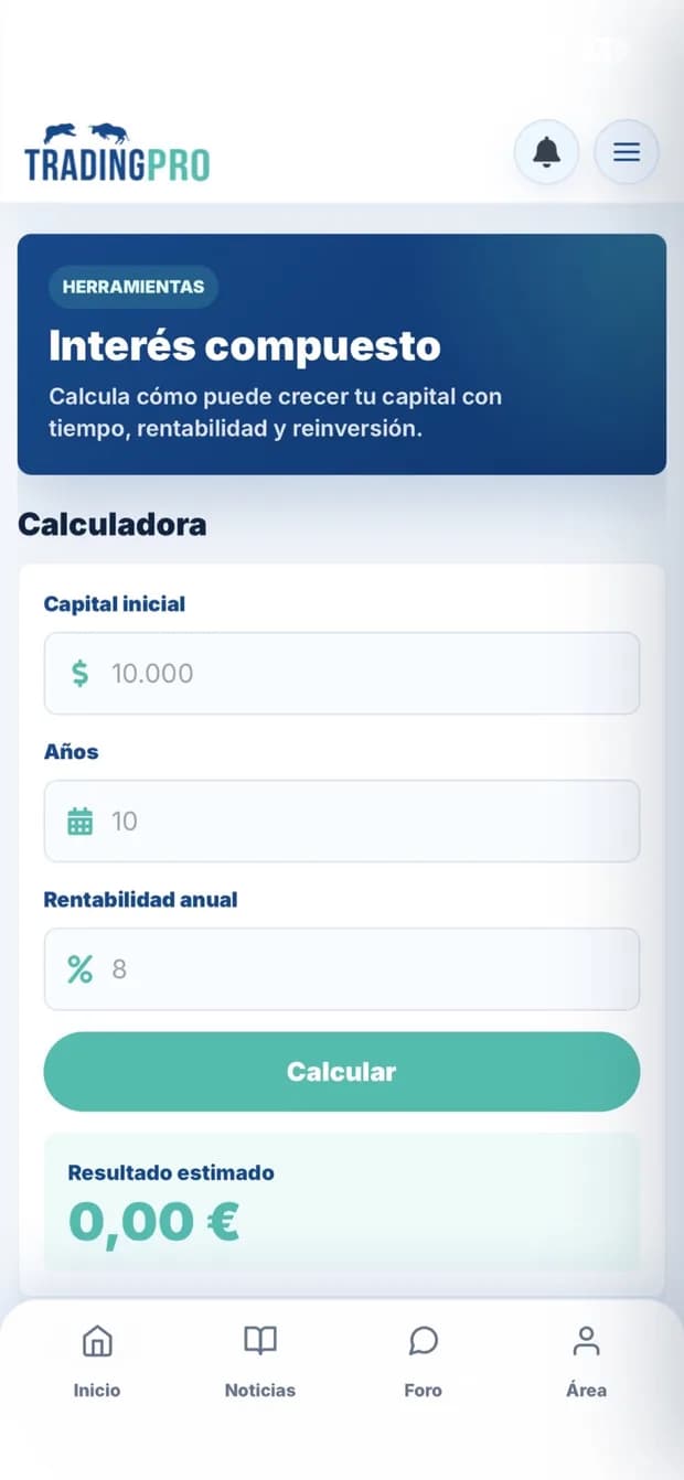 Calculadora de interés compuesto de la app TradingPro
